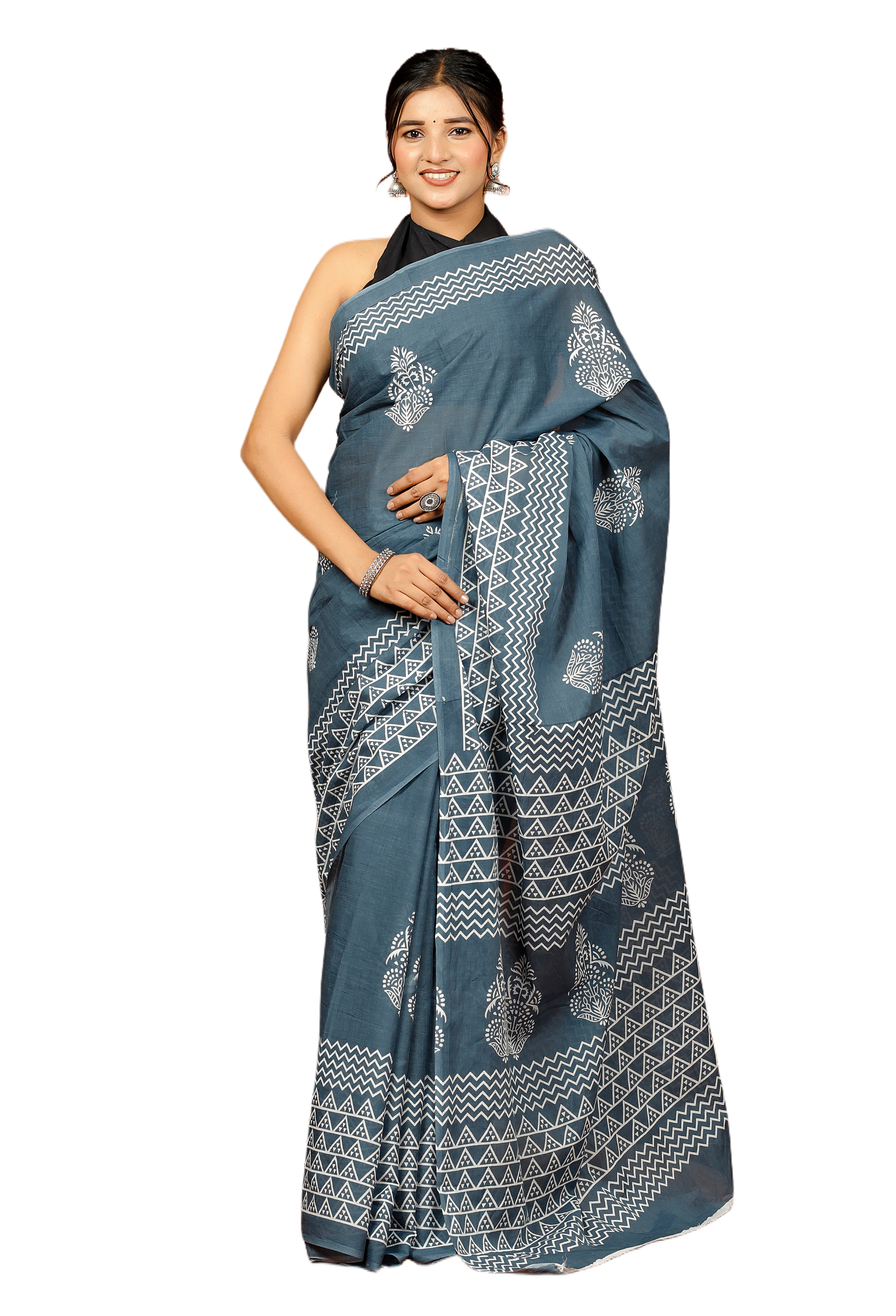 Traditional Printed Blue Saree with White Patterns With Blouse Piece view 4